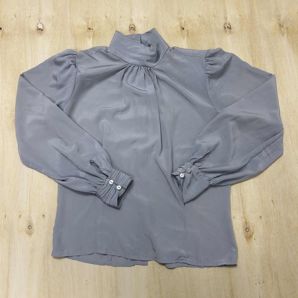 Vintage Michelle Stuart Blouse Womens Medium Gray Satin Mock Neck Puff Sleeve